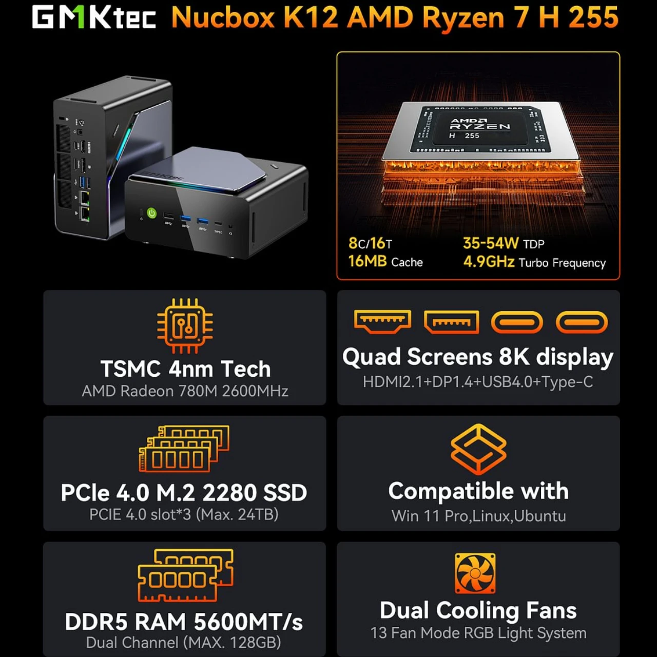GMKtec K12 게이밍 미니 PC AMD Ryzen 7 H 255(업그레이드된 8745HS) 데스크탑 미니 컴퓨터 라데온 780M WiFi 6E/BT5.2, USB-C, 베어본 썸네일 2