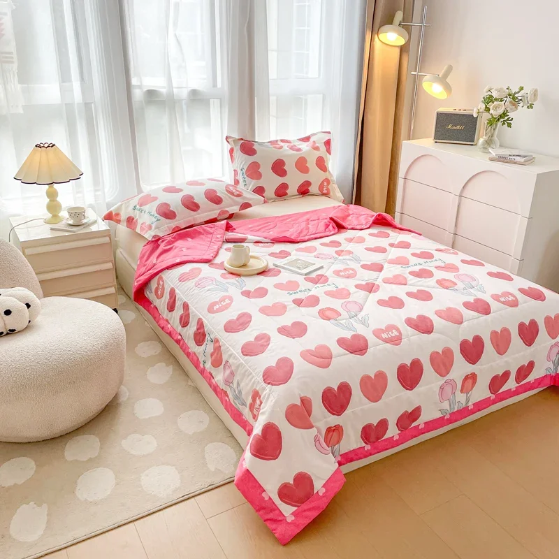 Romance Love Hearts Tulips Pattern Summer Quilt 100% Cotton Air Conditioning Thin Comforter Skin-friendly Soft for Girls Woman