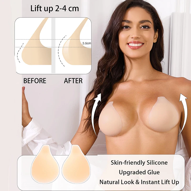 1/2 Pairs Women Sticky Bra Push Up Adhesive Backless Strapless Bras for Big Busted Women with Reusable Nipple Covers