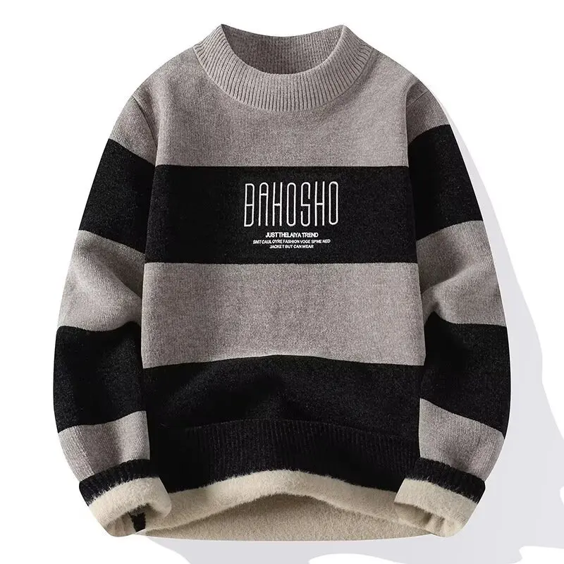 

2025 New Men's Plush Sweater Pullovers Korean Winter Warm O Neck Black Sweater High Quality Cool Top Fashionable Men's Clothing