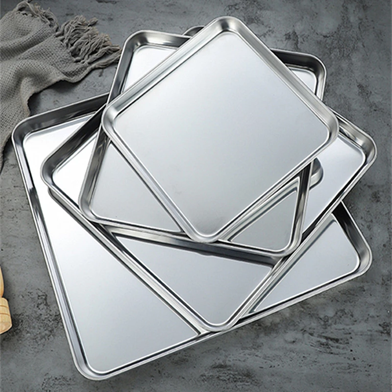 304 Flat Bottom Stainless Steel Square Tray Baking Pan Multifunctional Dessert Straight Edge Baking Tray Kitchen Storage Tools