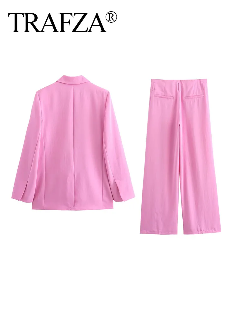 TRAFZA Woman 2 Piece Trouser Set Pink Lapel Single Button Pockets Blazer + High Waist Commute Office Lady Female Wide Leg Pant