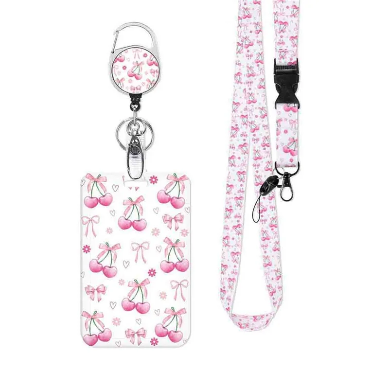 

AC56-2Pack Badge Holder Retractable Clip With Lanyard,Pink Bow Cherry Print Lanyard With ID Holder For ID Badges