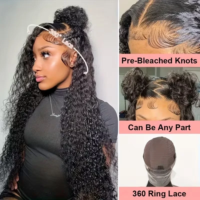 Deep Wave Invisible Strap 360 Full Lace Wig Human Hair Wigs 200 Density 30 Inch Curly Black Wig Brazilian Water Wave PrePlucked image 5