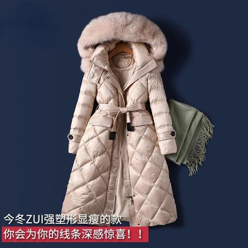 Winter New European Fashion Big Plush Neck Down Coat Women Mid Length Windproof Hood Slim Fit Warm Lace Up White Duck Down Coat