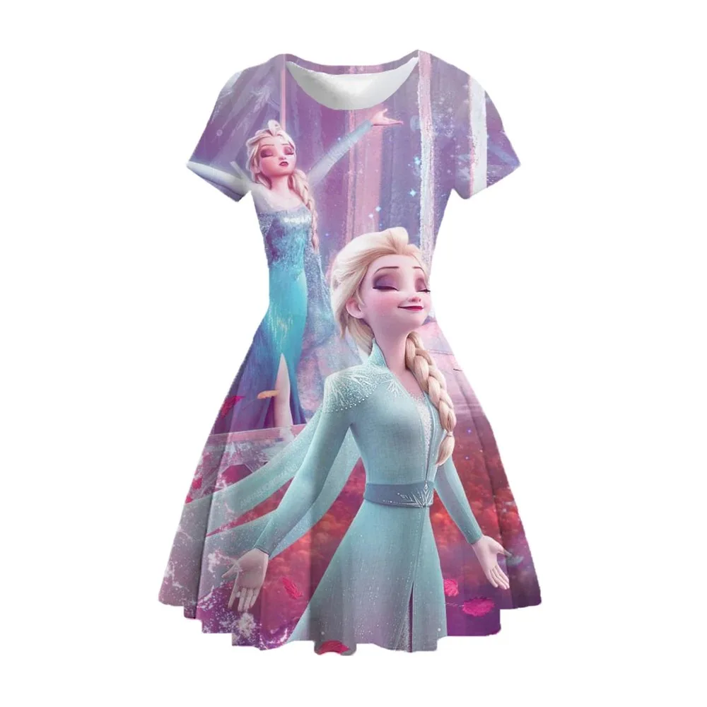 فستان كاجوال لرحلة ديزني لاند لعام 2026 للفتيات الصغيرات فستان الأميرة الناعم للأطفال إلسا مطبوع ملكة الثلج ملابس صيفية على شكل حرف A