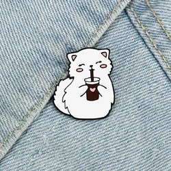 Cartoon Cute White Kitten Enamel Pins A Little Cat Drinking Cola Brooch Backpack Denim Lapel Badge Jewelry Gift for Kids Friends