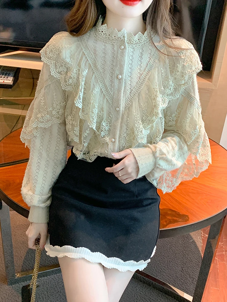 Autumn Korean Sweet Loose Clothes Lace Up Ruffled Women Blouses Fashion Stand Collat Ladies Tops Vintage Lace Shirts Women