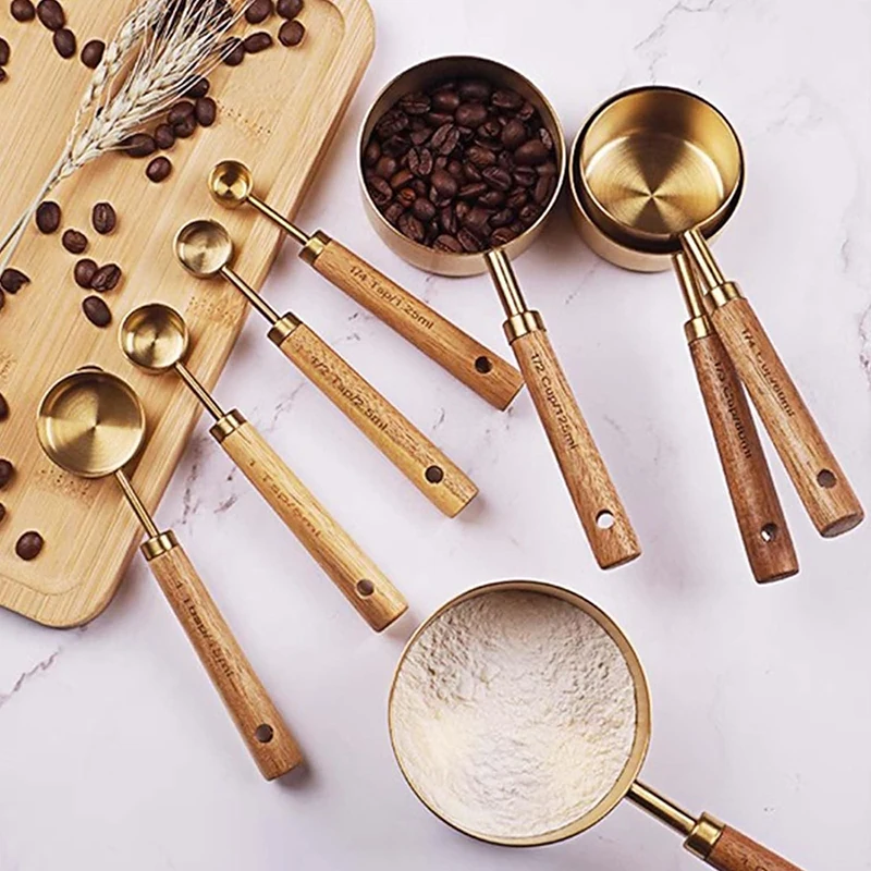 4/8Pcs Golden Measuring Cup Set and Measuring Spoon Golden with Aromatic Wood Handle Full Set of Measuring Cups and Spoons