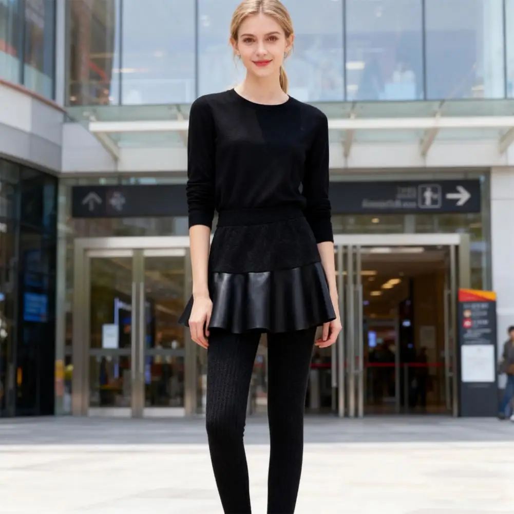Women Pants Women Leggings Skirt with Plush Lining High Waist Faux Leather Culottes Thickened Elastic Warm Tight Fit Fake