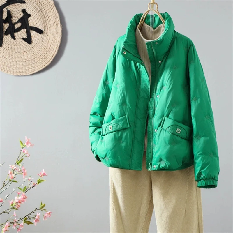 Schinteon 여성용 화이트 오리 다운 재킷 캐주얼 루즈 피트 스탠드 칼라 코트 자수 가을 겨울 따뜻한 빈티지 아웃웨어 2025