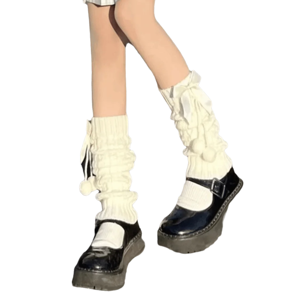 Fashion Lolita Knitted Leg Warmers Fleece Lined Bowknot Pom-pom Leg Warmers Thermal Slouchy Leg Warmers