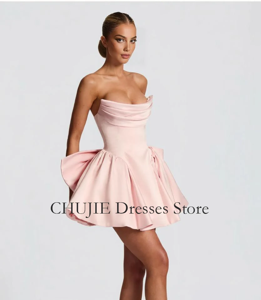 Strapless Homecoming Dresses Girl's Cocktail Dress With Bow Satin A Line Wedding Evening Gown Vestido De Graduación Customized image 3