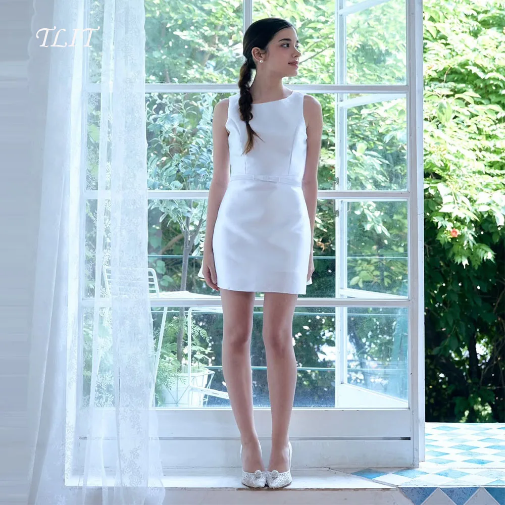 

TLIT Simple White Silk Satin Sheath Wedding Dresses Korea Dresses Photo Shoot Customized Spaghetti Strap O-Neck Bridal Gowns