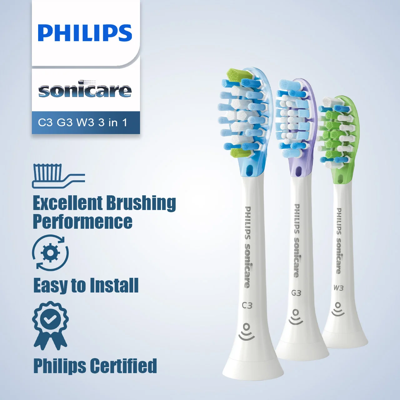 

Philips Sonicare Genuine C3, G3, W3 Premium All-in-One Replacement Toothbrush Heads, Black, White, 3 Heads per pack