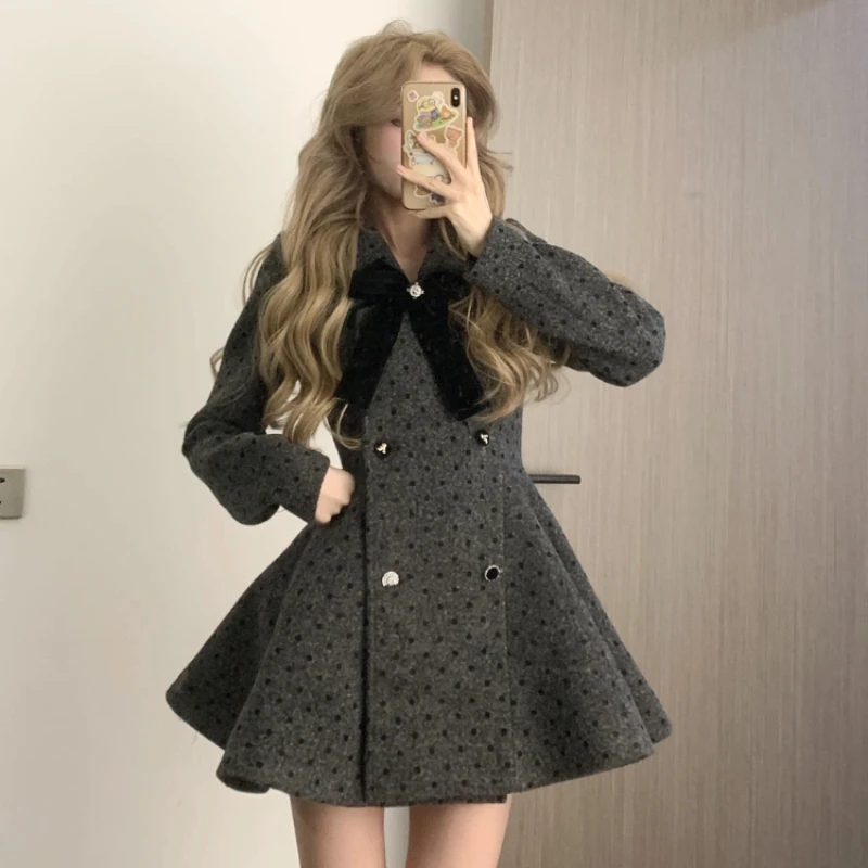 

Французское элегантное модное платье, женское милое пальто с бантом и пуговицами в горошек, зимнее корейское винтажное тонкое пальто Y2k, одежда, новинка