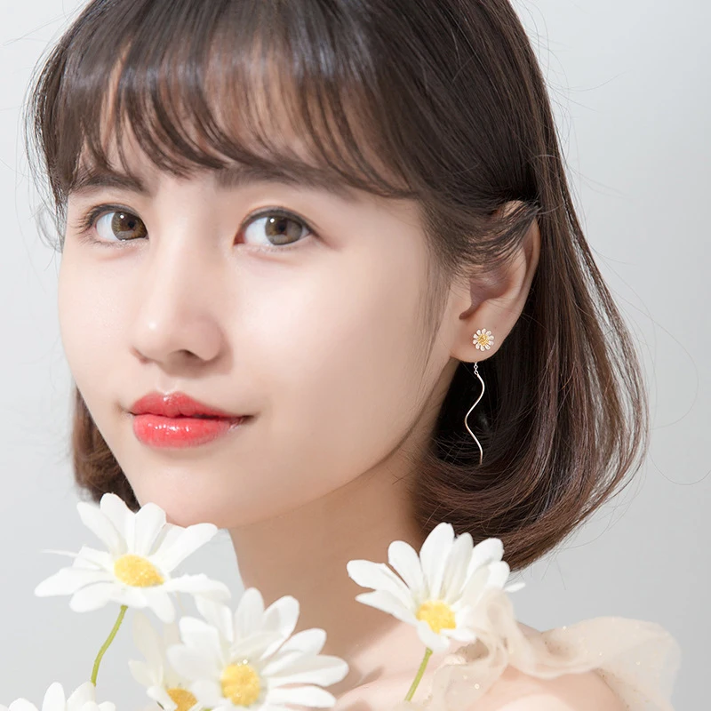 Modian New Arrive Real 925 Sterling Silver Plant Gold Color Daisy Drop Earrings Fashion Dangle Ear For Women Fine Jewelry Gift
