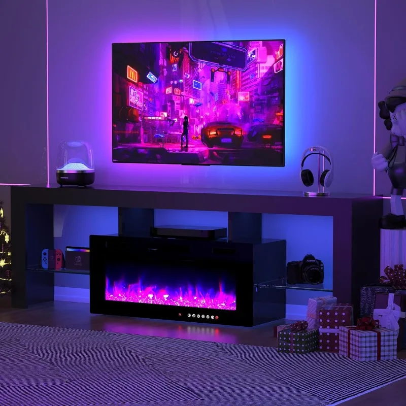 

Modern 70" TV Fireplace Stand with 12-Color LED Lights & 12-Color Flame, High Gloss Floating Fireplace Entertainment Center