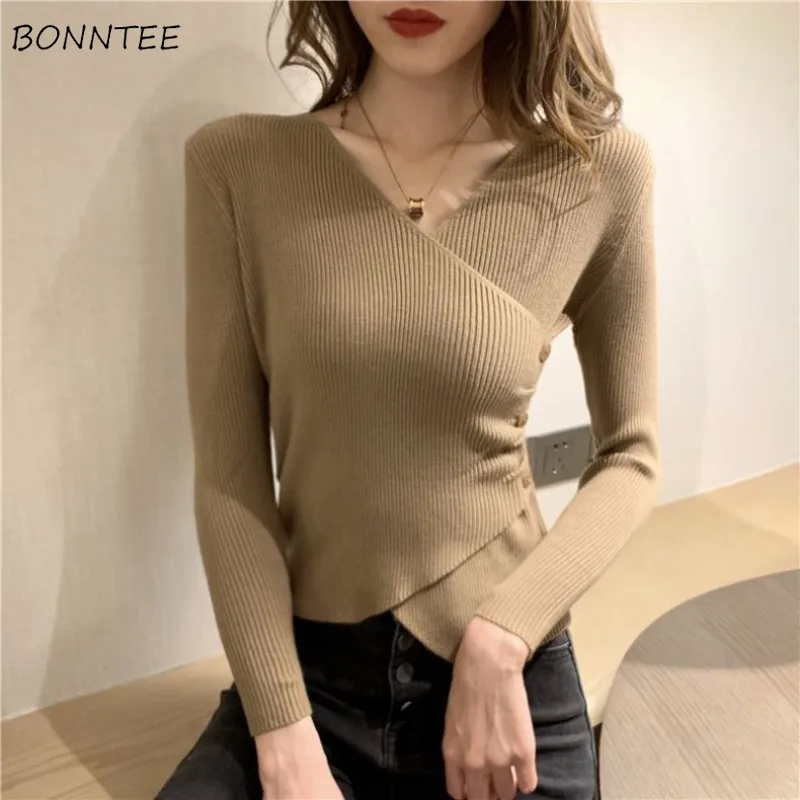 

Criss-cross Pullovers Women Asymmetrical Solid Simple Leisure Slim New Arrive Trendy Autumn Sweater V-neck Knitting All-match