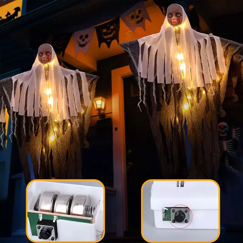 Halloween LED-Hängegeister-Skelett-Dekorationen, leuchtende Sensenmann-Schädel-Ornamente, gruselige fliegende Geisterlichter für Zuhause – Detail 3