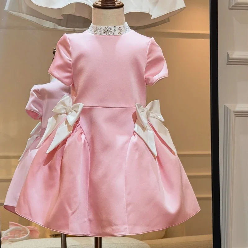 Custom Flower Girl Dress for Wedding First Christmas Party with Beaded Neckline Short Sleeves Large Side Bows and Satin Skirt