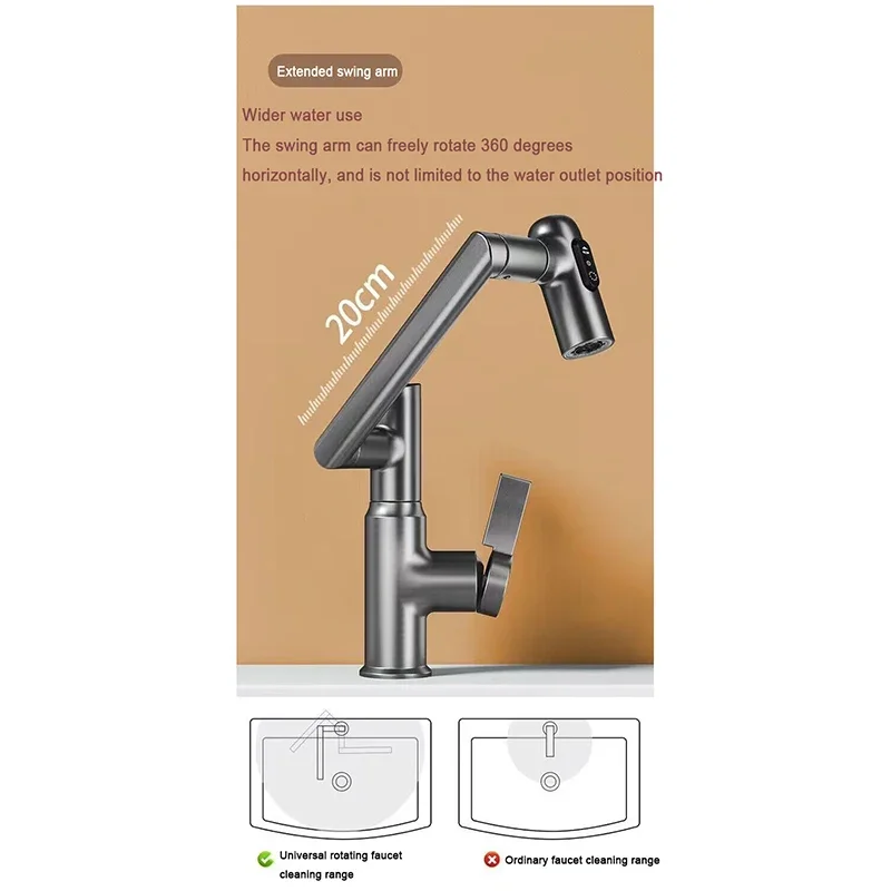 Washbasin Faucet Single-Hole Rotatable Faucet With Temperature Display Smart Tap 360 Rotating Faucet 3 Hot Cold Stream Sprayer