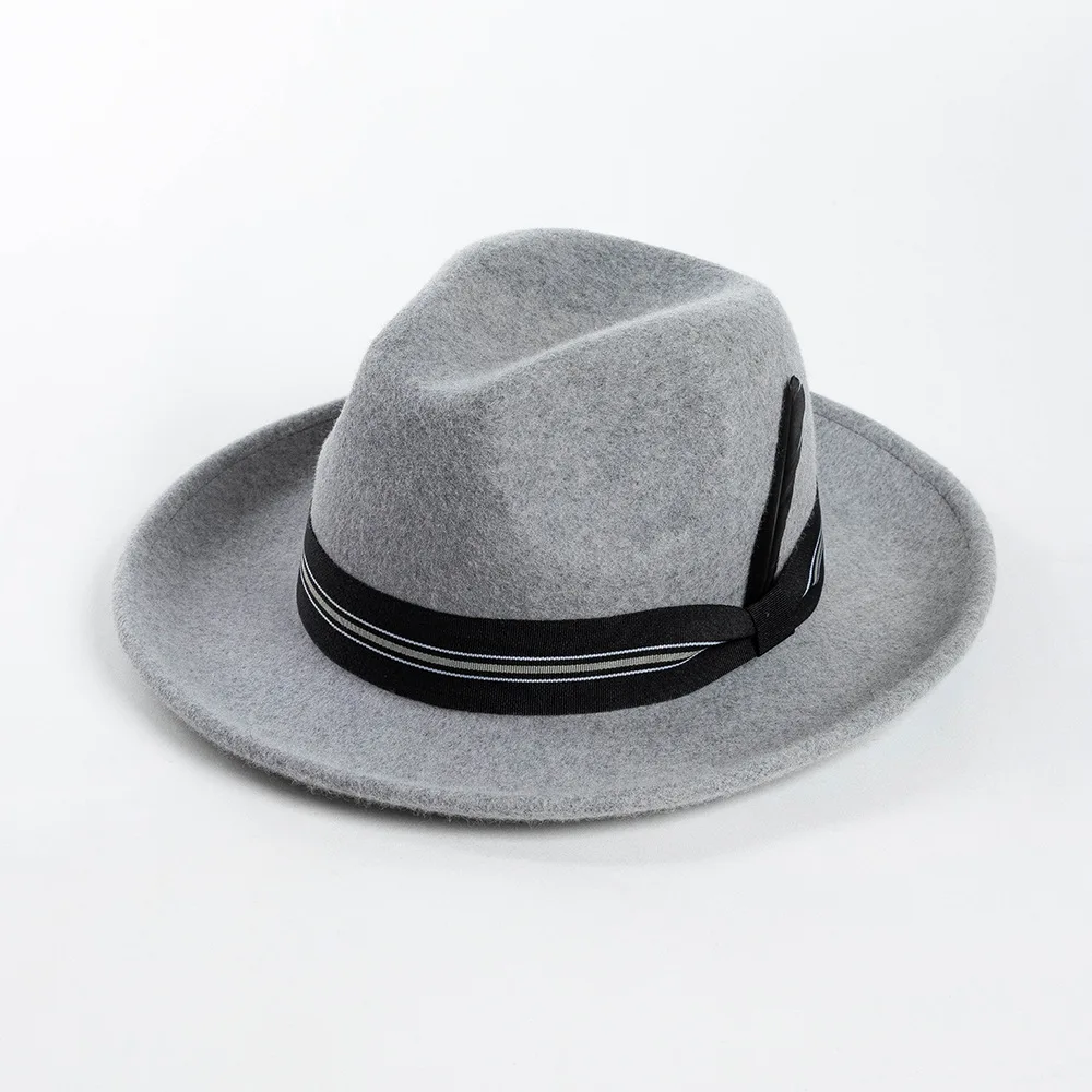 

Autumn and Winter New Fashion Casual L Plus Size Striped Ribbon Feather Wool Jazz Hat Outdoor Warm Top Hat
