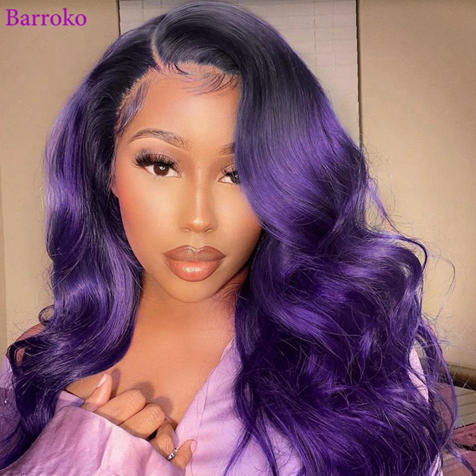 Barroko Body Wave 13x6 Lace Frontal Wig 1b Purple Highlight Colored 34 Inch Remy Human Hair Wig Brazilian Pre Plucked For Women