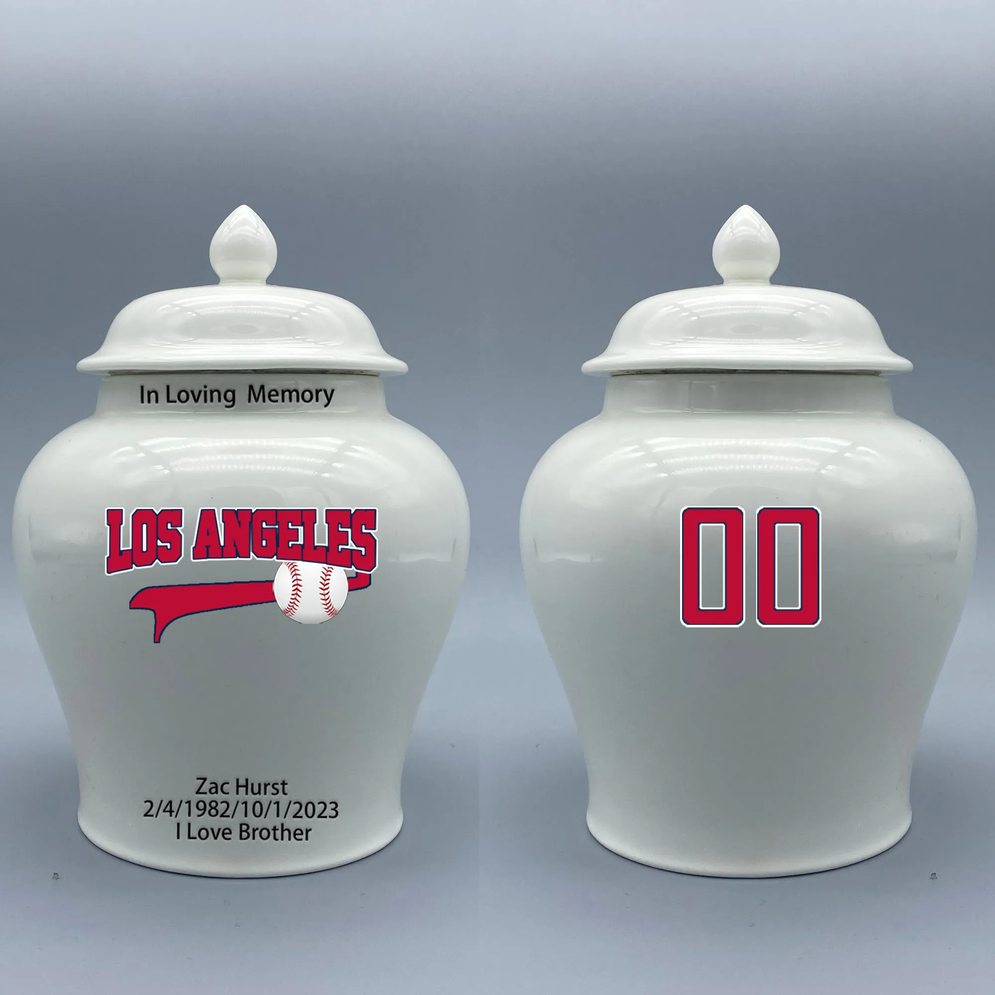 

Medium Urn for Los Angeles Angels-themed Logo Urn.Please send me the customize information-name/date and number on the urn