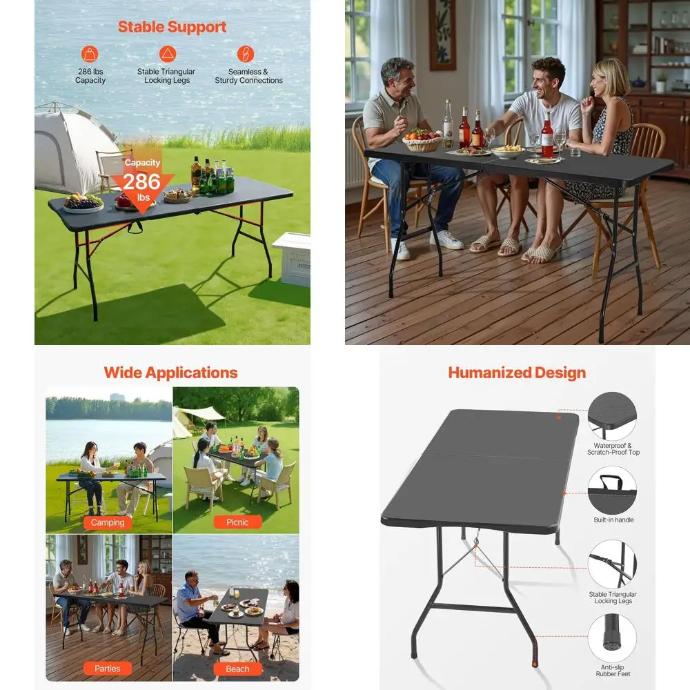 

Прочный портативный складной стол длиной 6 футов, идеально подходит для улицы и помещения, с ручкой, подходит для вечеринок, столовой, свадеб и камеры.