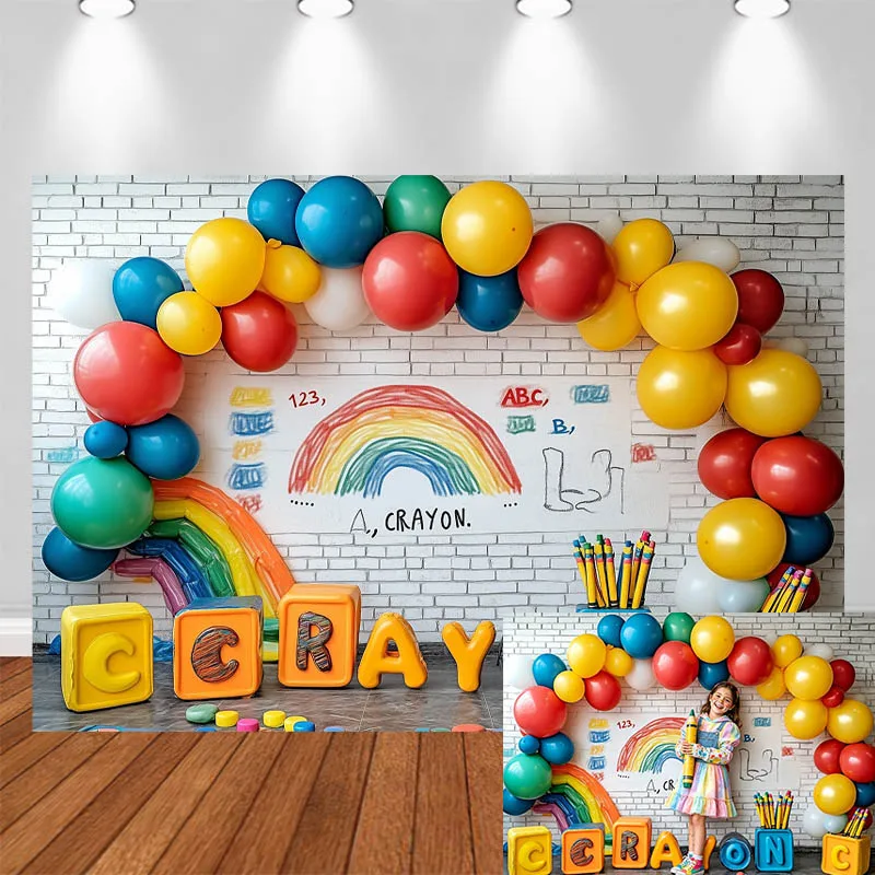 LS School Themed Photography Backdrop Colorful Balloon Arch Rainbow Art Letters Crayon Decor Kids Portrait Photo Background