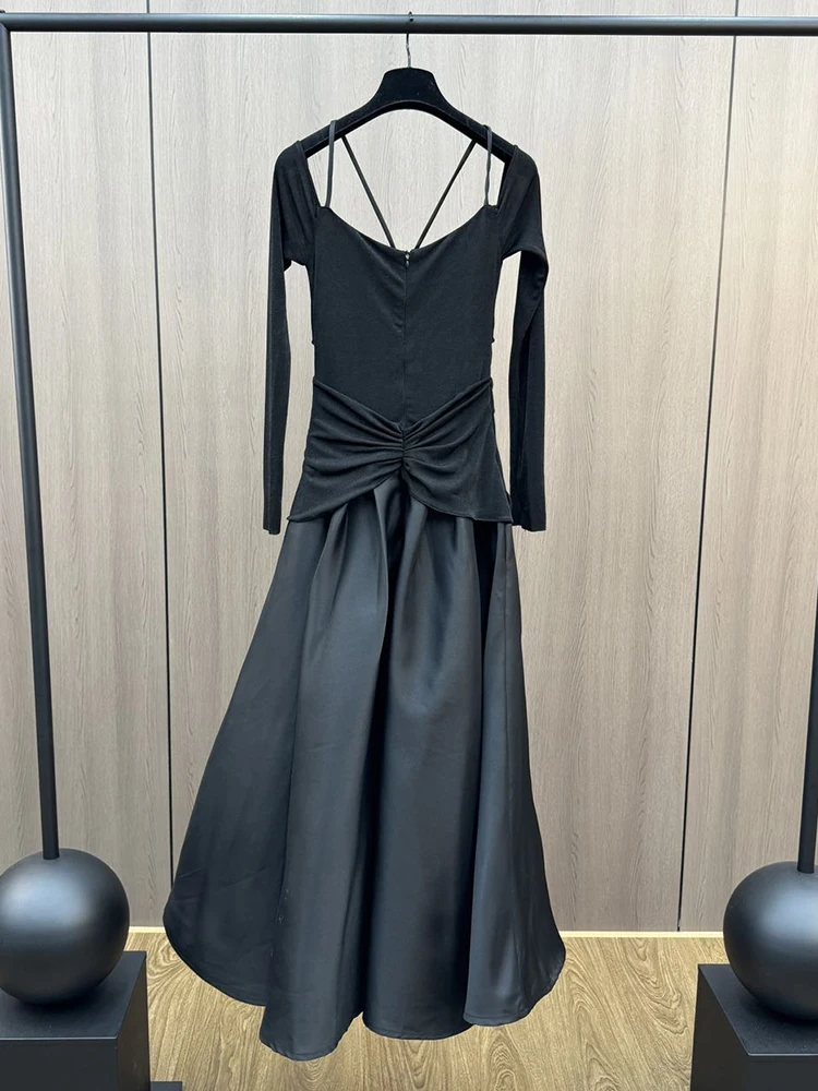 VGH Sexy Chic Dark Style Dress For Women Square Collar Long Sleeves High Waist Pathcwork Large Pin Puff Skirt With Straps Female