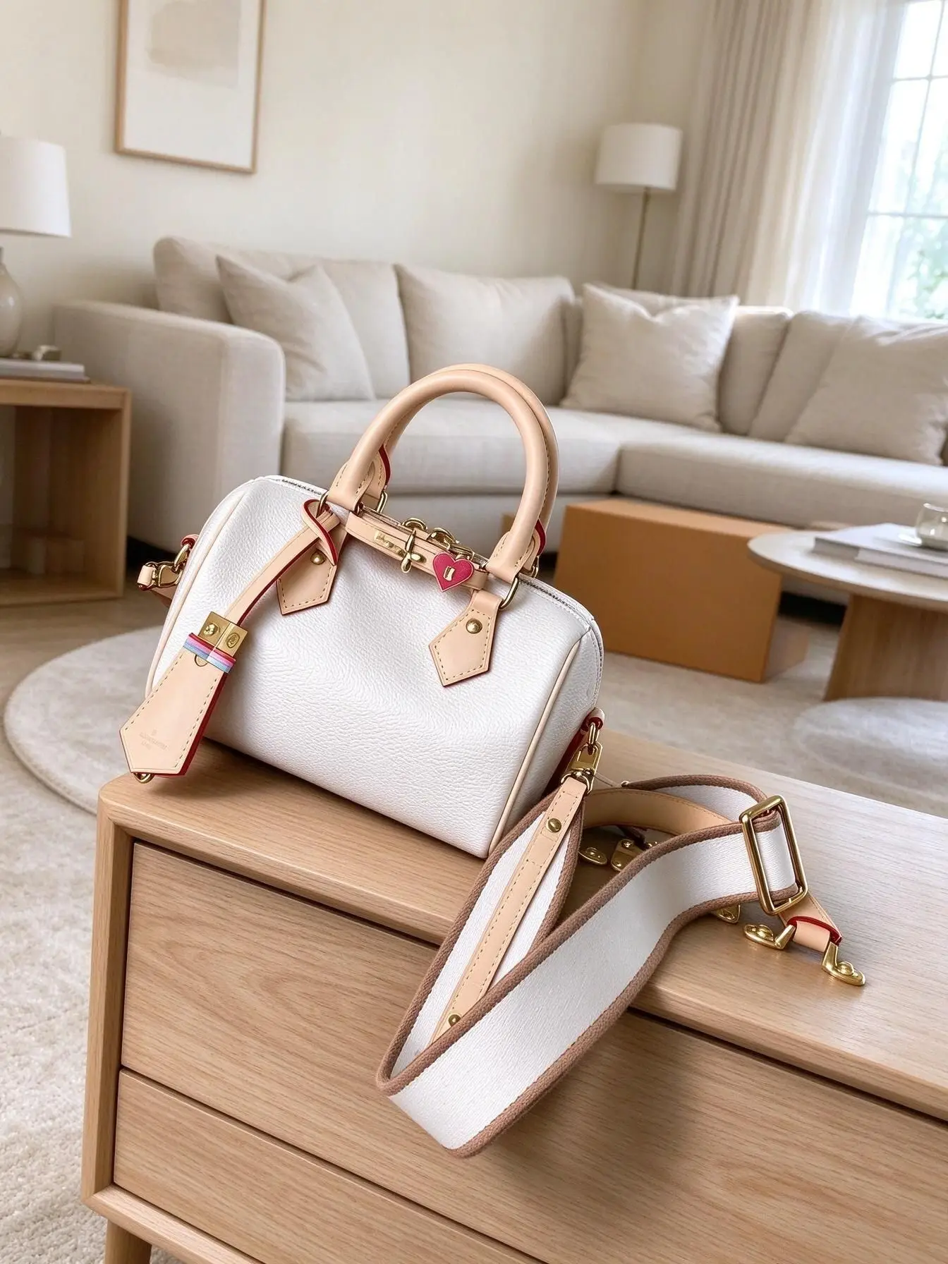 Classic Mini Boston Crossbody Bag, Women PU Leather Top Handle Purse with Wide Strap, Cute Heart Pendant Stylish Ladies Bag