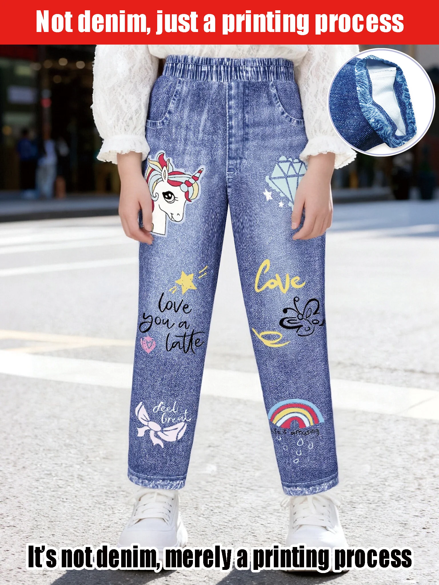 

2025 Girls Cute Cartoon Imitation Jeans - Casual Everyday Style - Unicorn and Rainbow Prints for Fantastic Charm!