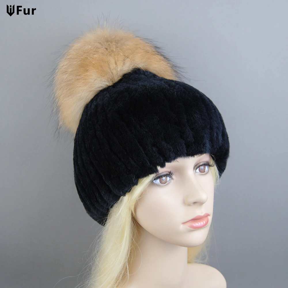 

New Winter Warm Real Rex Rabbit Fur Hats Beanies 100% Natural Fur Caps Fashion Knitted Genuine Fur Hat With Raccoon Fur Ball