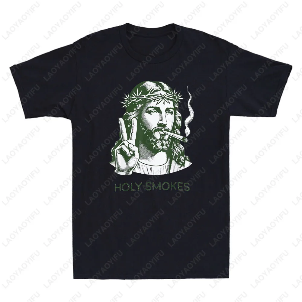 Holy Smokes Funny Jesus Marijuana Weed Cannabis Stoner 420 Graphic Men's T-Shirt Summer Casual Comfortable Soft Cotton Tees Tops