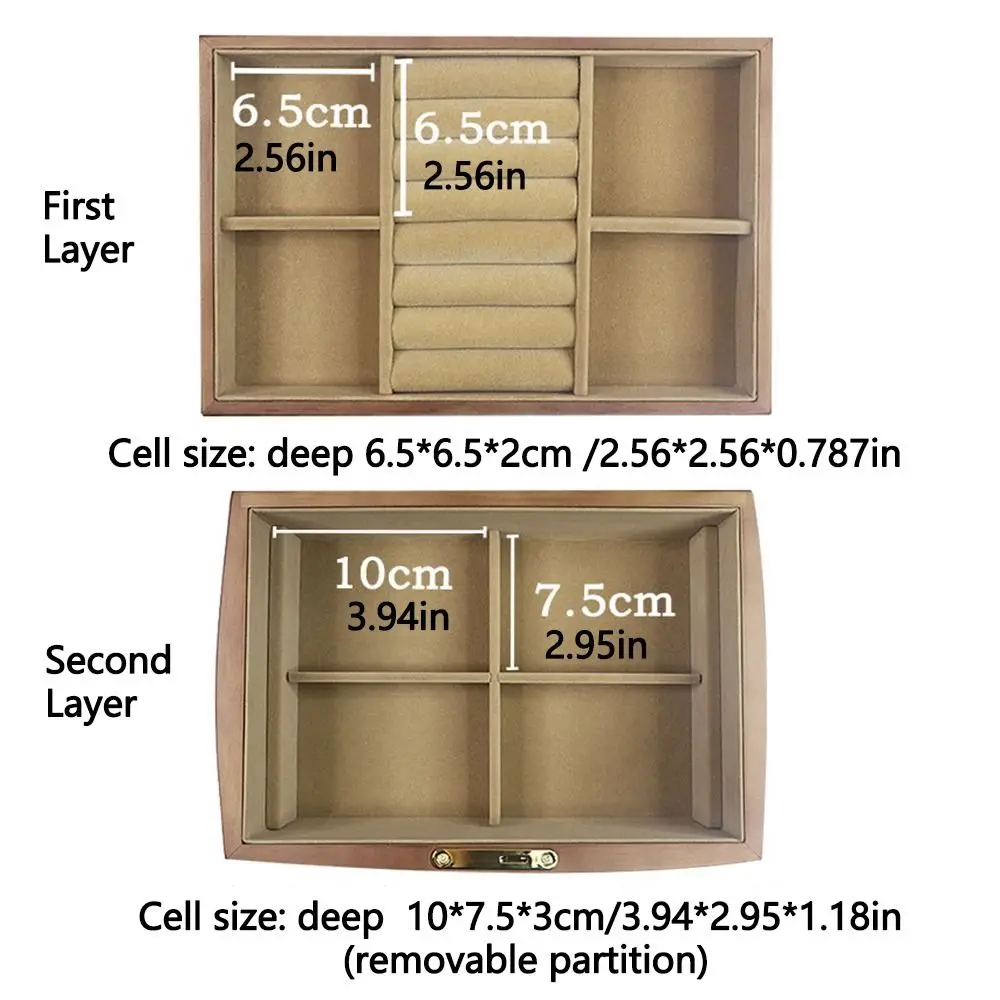 Wooden Jewelry Box with Lock Luxury Vintage Trinket Storage Box Double Layer Removable Treasure Chest Case Necklaces Earring