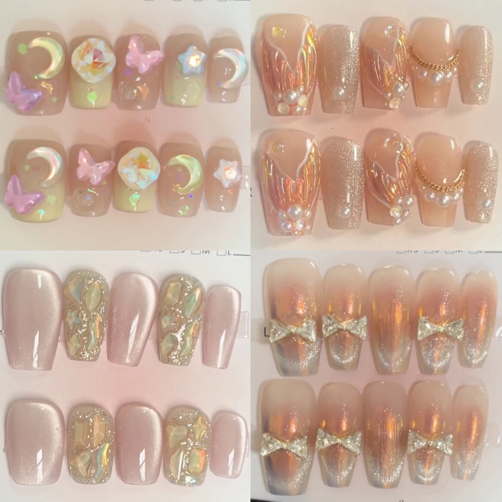 

Cute Simple Coffin Shaped Handmade Full Cover Nails Flowers Butterfly Pearl Cat Eyes Design Detachable Nail Party Sticker