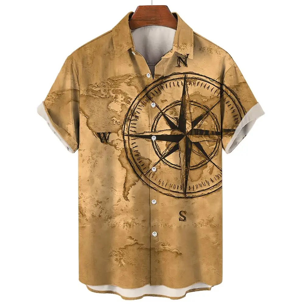 Vintage Short Sleeve Shirt For Men 3d Compass Print Shirt Nautical Tops Summer Sweatshirt Tees Designer Oversized Men's Clothing