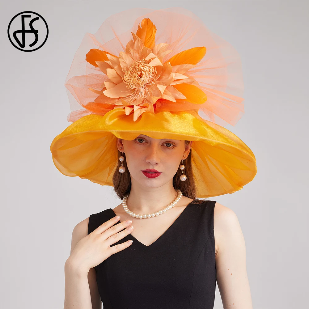 FS 2024 Female Kentucky Derby Hats For Women Organza Sun Sombrero With Mesh Flower Wedding Bride Church Cocktail Party Fedoras