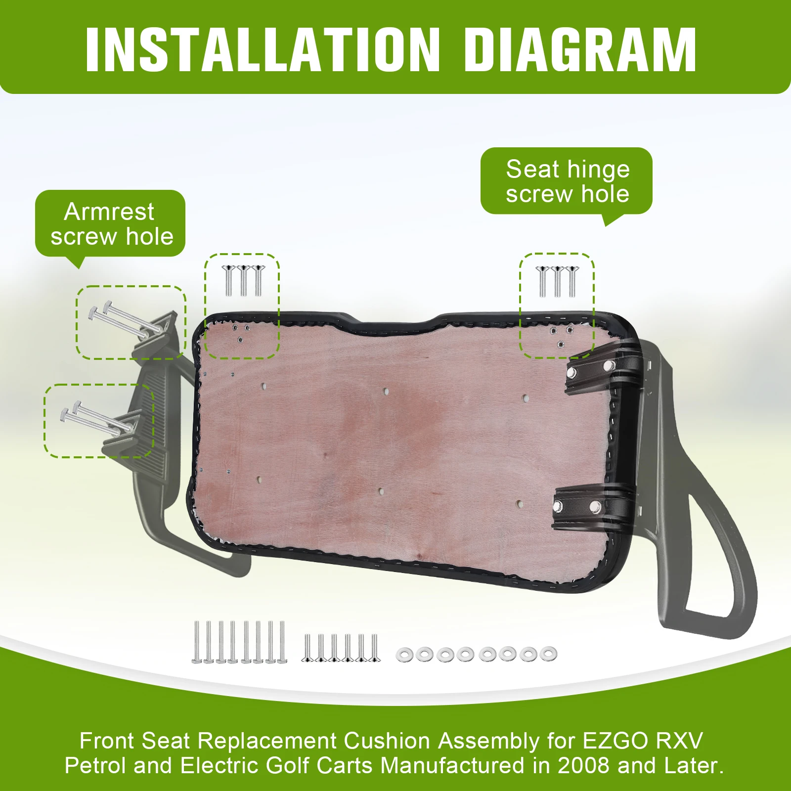 

Сменная подушка-накладка на нижнюю часть переднего сиденья для гольф-кара EZGO RXV 2008 года и новее (черная)