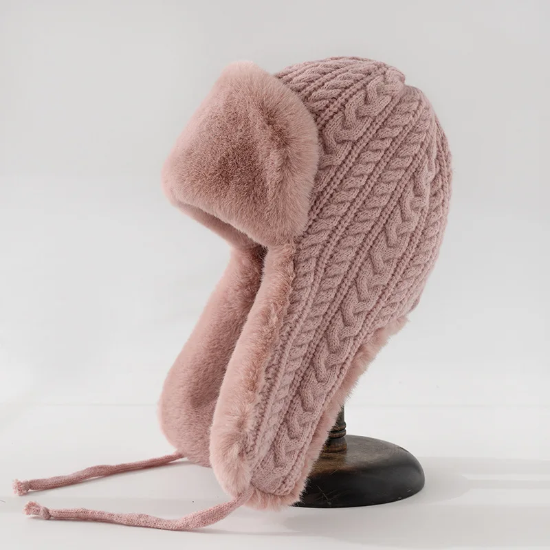 Sombrero de lana Feng para mujer, gorro de felpa multiusos, protección térmica engrosada, diseño de cordón, gorro Baotou frío, invierno, nuevo