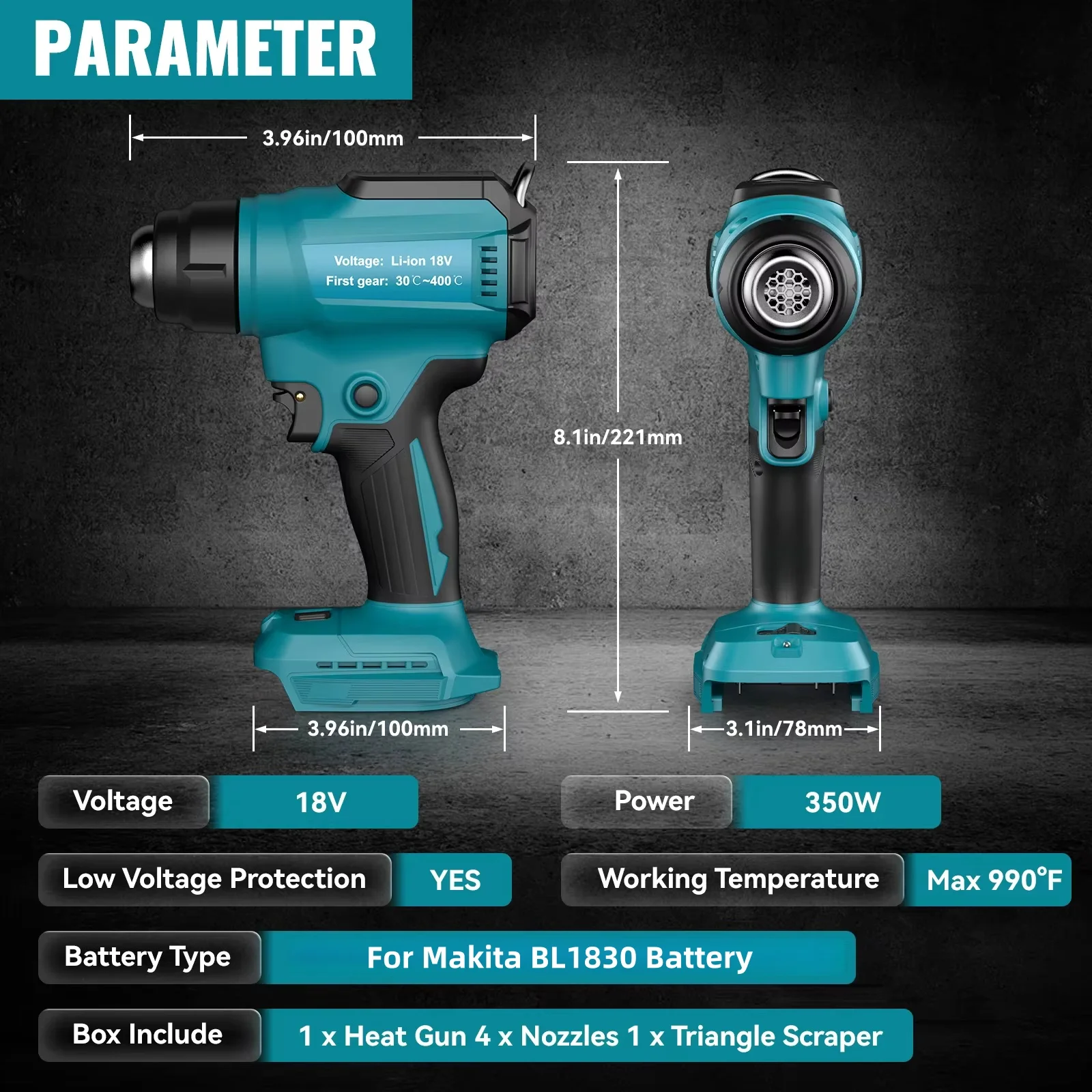 Cordless Hot Air Gun For Makita 18V 20V BL1830 Battery 350W Rated 990°F Hot Air Gun Kit Shrink Wraping Convenient Power Tool