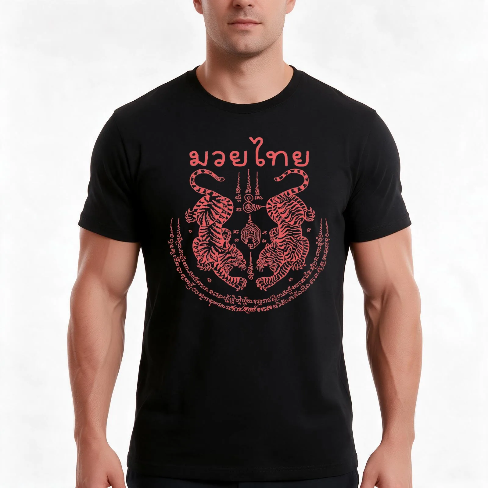 Muay Thai with Thai traditional art of Talisman Tiger Leap (Tiger pairs) T-Shirt, Summer Casual Cotton Tee, Unisex Men Women
