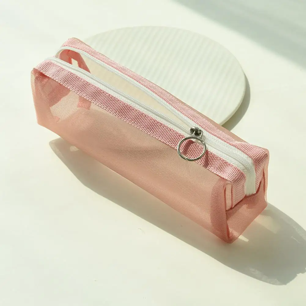 Estojo lápis estudante com malha transparente, zíper durável, estojo espaçoso, papelaria para estudantes