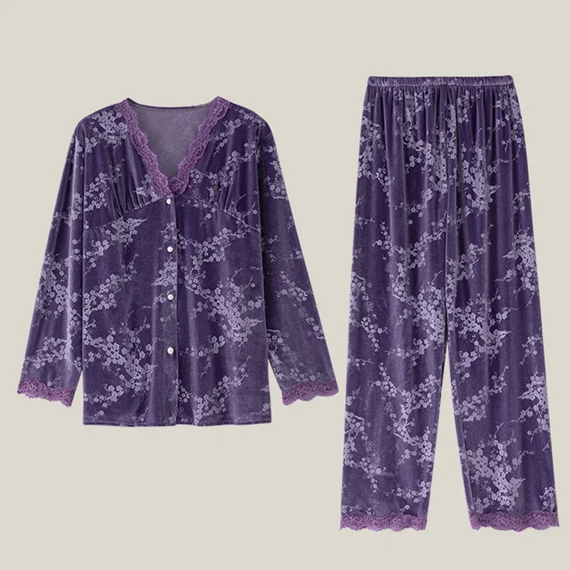 Sexy com decote em v renda borda pijamas outono inverno veludo flor de ameixa pijamas terno manga comprida homewear casual veludo lounge wear