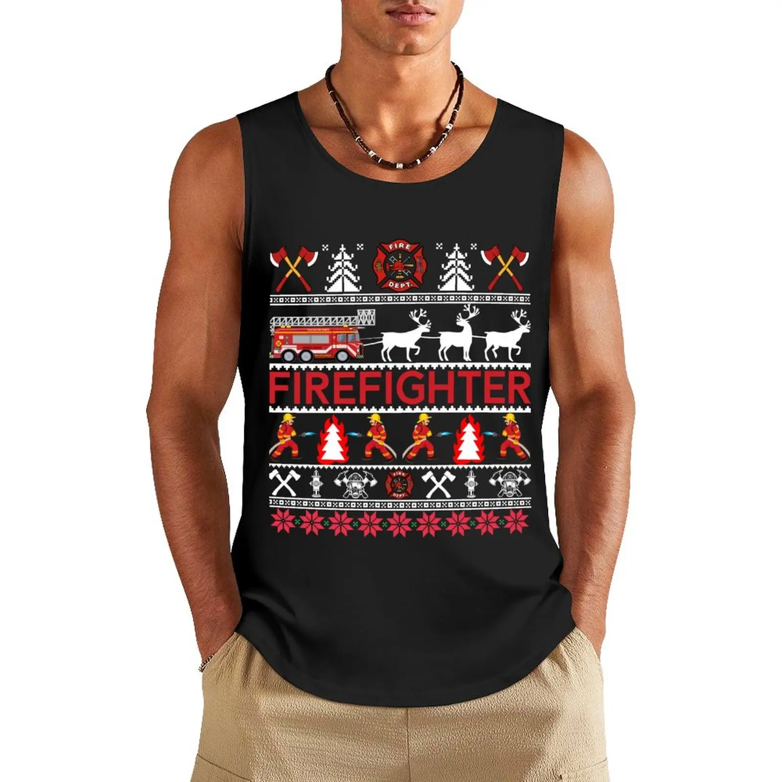 Firefighter Ugly Christmas Sweater Tee Shirt Gifts Tank Top sleeveless man shirts Gym wear