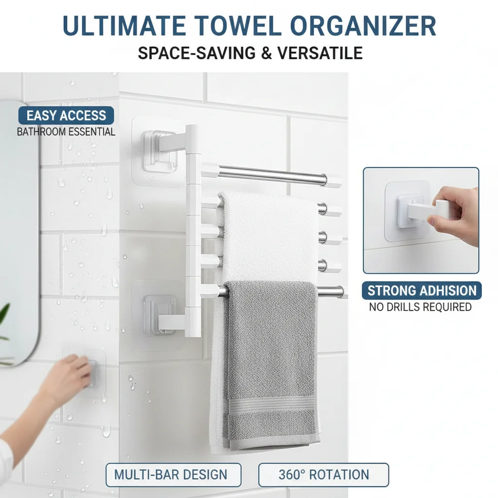 Wall Mounted Non Perforated Rotating Towel Rack Movable Bathroom Storage Pole Hanging Rack Drying Storage for Bathrooms