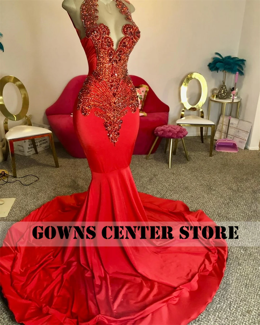 Cheery Red Crystal Beading Long Prom Dresses For Black Girls African Mermaid Birthday Evening Party Gown Robe De Bal Customized