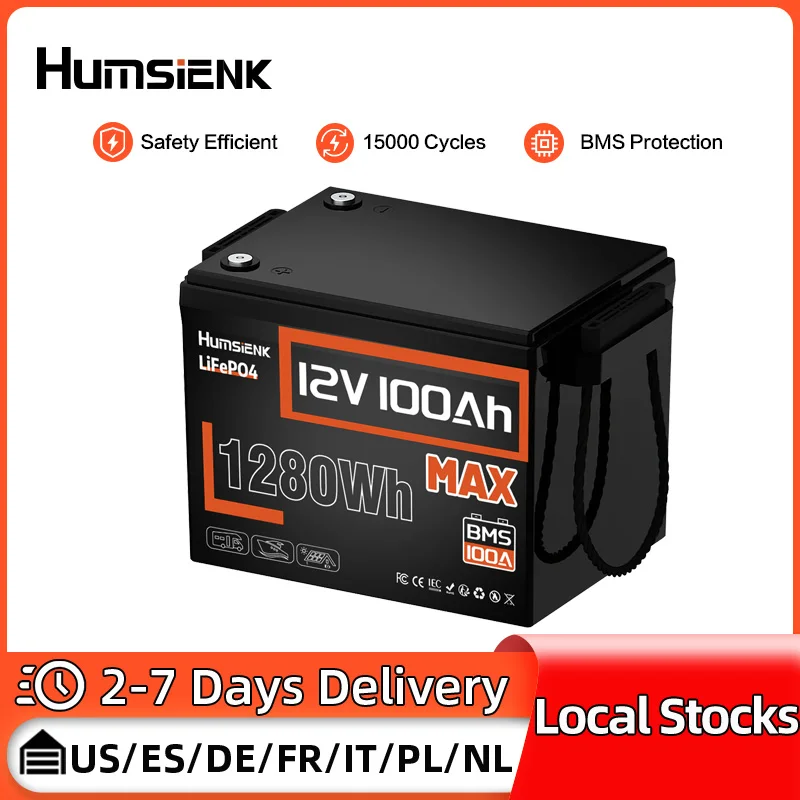 

Humsienk 12V 100AH MAX LiFePO4 аккумуляторная батарея с 100A BMS 8000 циклов для кемпинга, автофургона, дома, лодки, солнечной системы